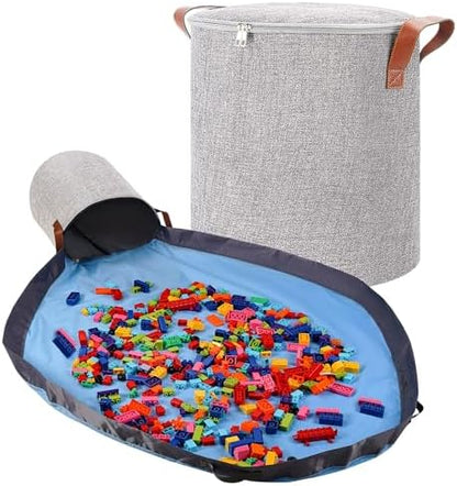 XXL Toy Storage Organizer with Play Mat – 15" x 15" x 16" Storage Bin for Kids Playroom, Foldable Fabric Bag and Basket for Nursery (Gray)