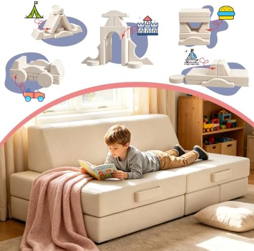 Urban Deco Modular Kids Play Couch, 12-Piece Versatile Foam Toddler Couch with Corduroy Removable Cover, Beige