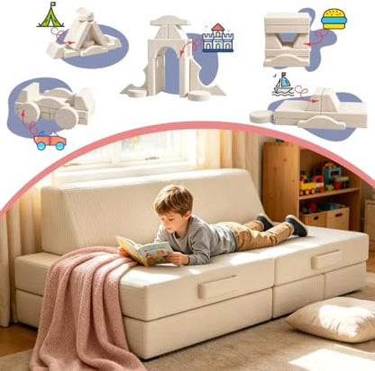 Urban Deco Modular Kids Play Couch, 12-Piece Versatile Foam Toddler Couch with Corduroy Removable Cover, Beige