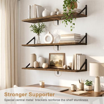 Floating Shelves, 24 x 12 Inches, Set of 2 Wall-Mounted Shelves with Metal Brackets, Decorative Wall Shelf for Living Room, Bedroom, Bathroom (Brown)