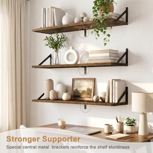 Extra Long Floating Wall Shelves, 48 x 8 Inches, Set of 3 Large Wood Floating Bookshelves with Metal Brackets for Storage & Display (Rustic Brown)