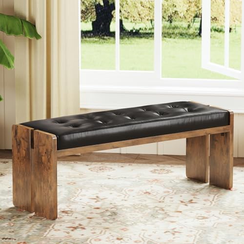 Upholstered Dining Bench with PU Leather Seat, Brown/Black