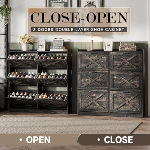 Maupvit Large Shoe Storage Cabinet with 6 Flip Drawers, Freestanding Shoe Organizer with Metal Handles for Entryway, Narrow Shoe Rack Cabinet, Dark Rustic Oak