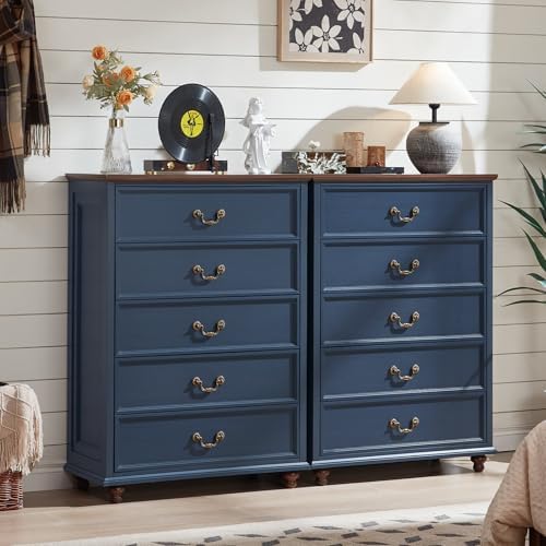 Joaxswe Farmhouse 5 Drawer Dresser Set of 2 for Bedroom, 45" Tall Rustic Chests of Drawers w/ 4 Solid Wood Feet, Mid Century Vintage Wooden Closet Storage Dressers Organizer for Living Room, Navy Blue