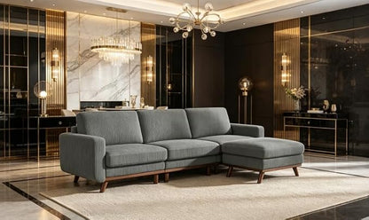 L-Shaped Sectional Sofa, 3-Seater Convertible Couch with Ottoman, FSC Certified Solid Wood Frame, Spring Cushions, Curved Armrests, Comfort Corduroy Sofa for Living Room, Apartment, Office, Dark Gray