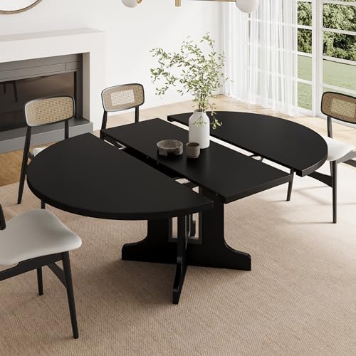 Feonase 59" Round Extendable Dining Room Table for 4-6, Modern Oval Kitchen Table with Heavy Duty Wood Base, Metal Frame Support, for Kitchen Dining Living Room, Easy Assembly, Black