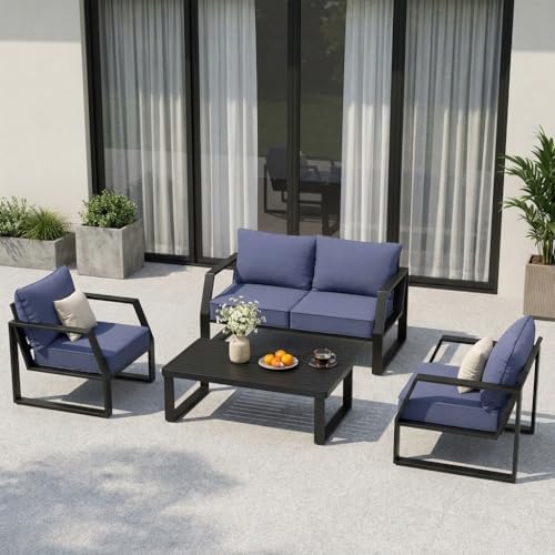 Oversized Modern Outdoor Patio Furniture Set with 5" Thick Cushions, Deep Seats & Wide Armrests, Comfortable Aluminum All-Weather Rustproof UV-Resistant Frame, 4-Seater for Garden, Backyard, Poolside