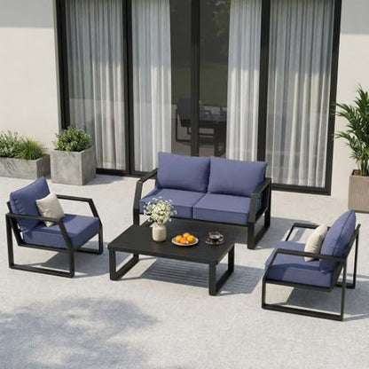 Oversized Modern Outdoor Patio Furniture Set with 5" Thick Cushions, Deep Seats & Wide Armrests, Comfortable Aluminum All-Weather Rustproof UV-Resistant Frame, 4-Seater for Garden, Backyard, Poolside