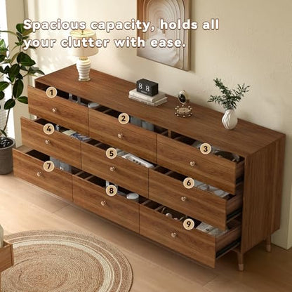 Dresser for Bedroom, 63 Inch 9 Drawer Wooden Chest of Drawers