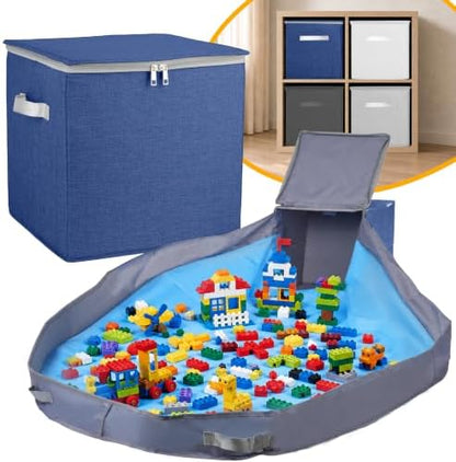 Toy Storage Organizer with Play Mat for Kids – 13" x 13" x 13" Storage Box, Stackable and Foldable Cubby Baskets for Playroom, Nursery Bins for Boys and Girls (Noble Blue)