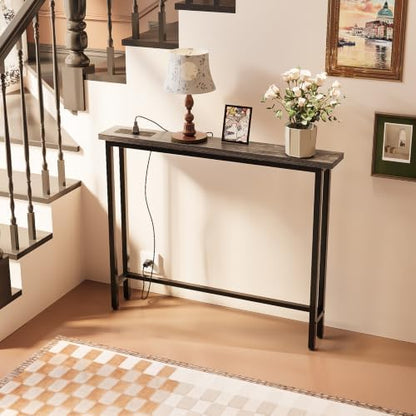 VINGLI 39" Console Table with Power Outlet, Narrow Sofa Table,Charcoal Gray