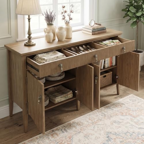 57" Fluted Sideboard Buffet,Retro Storage Cabinet, Light Oak