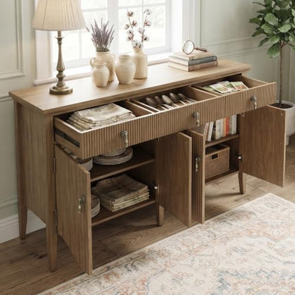 57" Fluted Sideboard Buffet,Retro Storage Cabinet, Light Oak