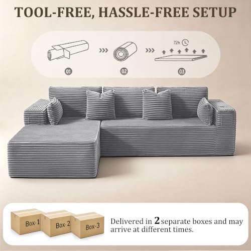 108" Cloud Sectional Boneless Couches for Living Room,L-Shaped Modular Corduroy Sofa with Left Facing Chaise,Oversized Deep Seat Memory Foam Couch,Side Pockets,No Assembly,Light Gray