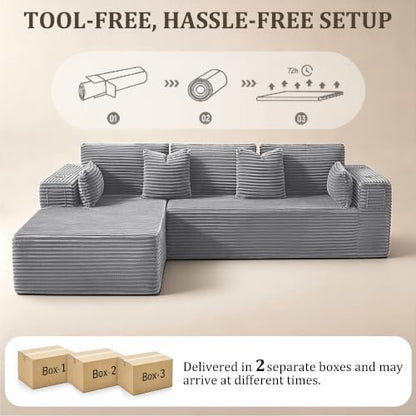 108" Cloud Sectional Boneless Couches for Living Room,L-Shaped Modular Corduroy Sofa with Left Facing Chaise,Oversized Deep Seat Memory Foam Couch,Side Pockets,No Assembly,Light Gray