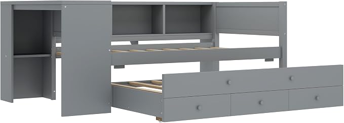 Bellemave Twin Size Corner Bed Frame with Storage Drawers and Desk,Captain Daybed with Bookcase,Corner Bed Frame Twin Size with Trundle for Kids,Teens,Guests,Gray