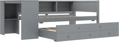 Bellemave Twin Size Corner Bed Frame with Storage Drawers and Desk,Captain Daybed with Bookcase,Corner Bed Frame Twin Size with Trundle for Kids,Teens,Guests,Gray
