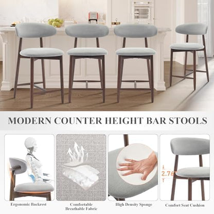 COLAMY Wood Bar Stools Set of 4, Counter Height Bar Stools, Mid Century Modern Stools with Back, 25 Inch Upholstered Wooden for Kitchen Island Dining Room Bar, Light Grey