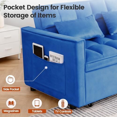 54'' Sleeper Sofa Bed, Convertible Pull Out Couch Futon with Side Pockets, Velvet Loveseat Sofa Bed with Adjustable Backrest, Armrest Pillows for Living Room Dorm Apartment, Blue