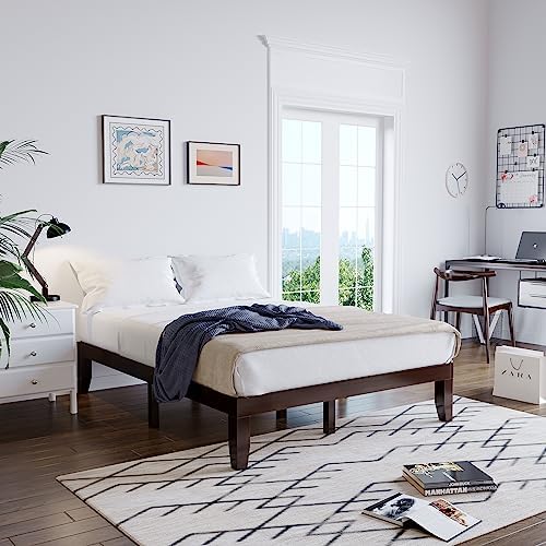 GIANTEX Full Wood Platform Bed Frame, 14 Inch Solid Rubber Wood Mattress Foundation, Heavy Duty Wooden Slats Support, No Box Spring Needed, Easy Assembly, Espresso