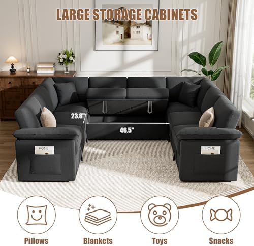 109" Modular Sectional Sofa with Pull Out Bed, U Sleeper Sofa, Black