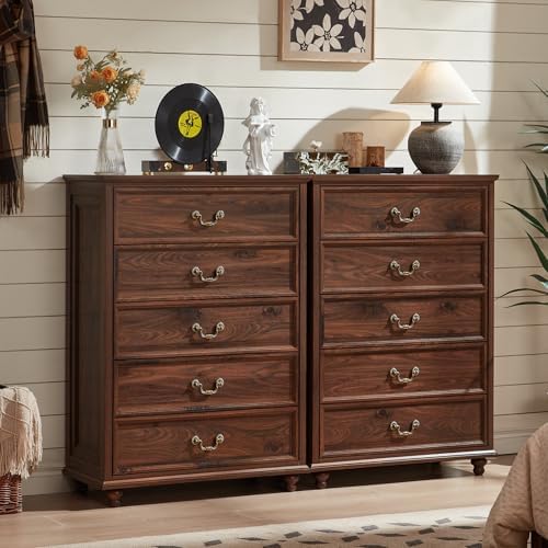 Joaxswe Farmhouse 5 Drawer Dresser Set of 2 for Bedroom, 45" Tall Rustic Chests of Drawers w/ 4 Solid Wood Feet, Mid Century Vintage Wooden Closet Storage Dressers Organizer for Living Room, Brown