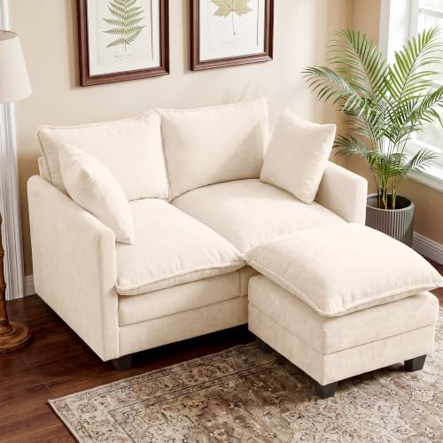 50" Loveseat Sofa with Ottoman, Cloud 2-Layer Cushion & 27" Deep Seat, Modern Love Seat Small Couch with 2 Washable Pillows for Small Spaces, Bedroom, Apartment, Office, Living Room, in a Box, Beige