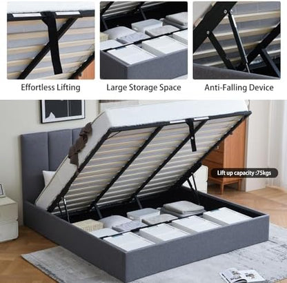 VELOCAVA King Size Upholstered Lift-Up Storage Bed, Dark Gray Linen-Look Fabric Platform Bed with Vertical Panel Headboard, Hydraulic Lift Storage, Wooden Slat Support, No Box Spring Needed