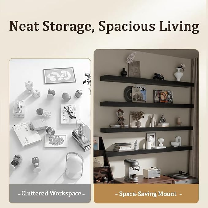 Floating Shelves for Wall, 60 Inch Extra Long Black Wall Shelves, Set of 4, Hanging Invisible Brackets Floating Shelves for Living Room,Bedroom,and Kitchen，Floating (Black, 4T60IN)