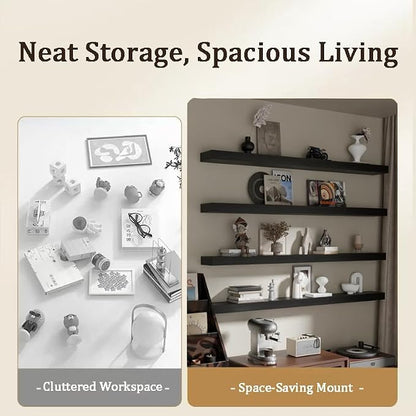 Floating Shelves for Wall, 60 Inch Extra Long Black Wall Shelves, Set of 4, Hanging Invisible Brackets Floating Shelves for Living Room,Bedroom,and Kitchen，Floating (Black, 4T60IN)