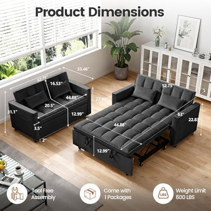 3 in 1 Convertible Sofa Bed, Love Seat Sleeper Bed with Side Pockets, Velvet Fabric Pull Out Couch with Adjustable Backrest for Living Room, Bedroom, Apartment, Black