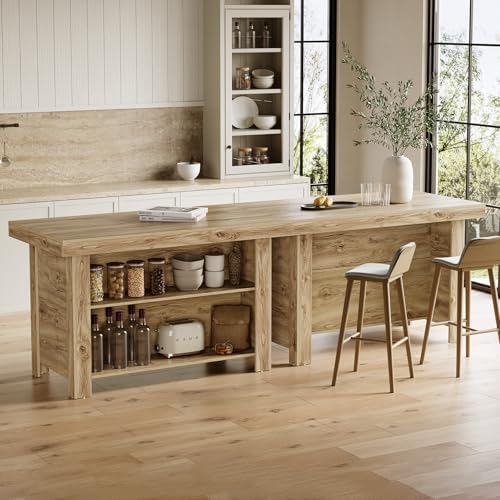LITTLE TREE 55 Inches Kitchen Island with Storage, 3-Tier Farmhouse Wooden Stationary Island Table with Large Worktop & Leg Room, Modern Coffee Bar Table with Storage Shelf for Kitchen, Oak