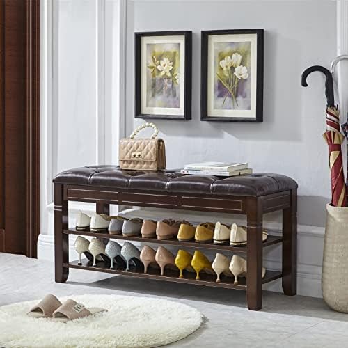 LEILISI Shoe Bench, Storage Rack Organizer with Cushion 2 Tier Lift Top Shoe Rack for Entryway Living Room Bedroom Hallway Wooden Furniture (Brown, 39.4'')