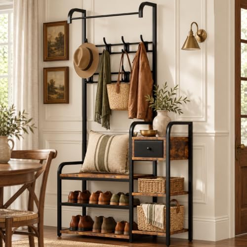 CABIHOME Hall Tree Shoe Bench for Entryway, Coat Rack Entryway Bench with Storage Drawer, 5-In-1 Coat Rack Storage Shelf and 8 Hooks, Coat Tree for Small Spaces, Retro Brown