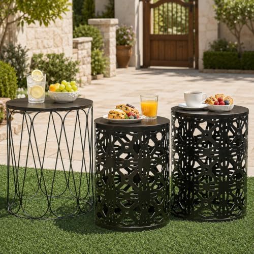 Y&M Outdoor Side Tables Set of 3, Round Metal Stacking Patio Side Tables, Indoor & Outdoor End Tables, Decorative Garden Stool Plant Stand for Patio, Garden, Balcony, Porch, Black with Bronze