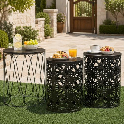 Y&M Outdoor Side Tables Set of 3, Round Metal Stacking Patio Side Tables, Indoor & Outdoor End Tables, Decorative Garden Stool Plant Stand for Patio, Garden, Balcony, Porch, Black with Bronze