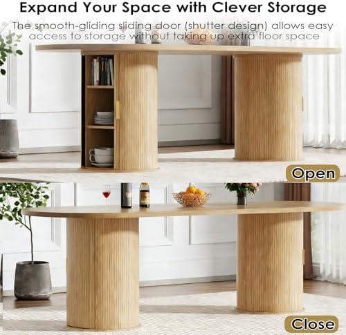 Oval Extendable Dining Table Set for 6, 7-Piece Extendable Kitchen Table Set with 6 Black Upholstered Chairs, Modern 63"-94" Expandable Dining Room Table Set with Storage Fluted Base for Kitchen