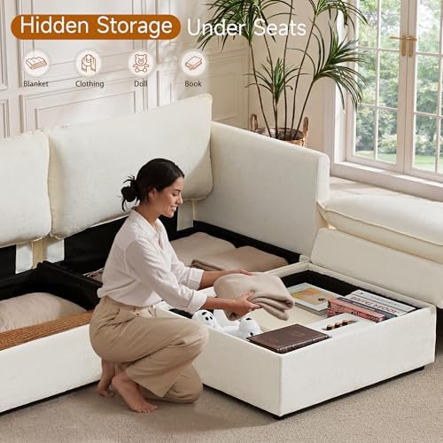 Myroyalsit Modular Sofa with Storage, 135" U Shape Sectional Cloud Couch, Oversized Fabric Couch with Movable Ottoman, 6 Seat Modern Deep Seat Sofa for Living Room (Beige Chenille)
