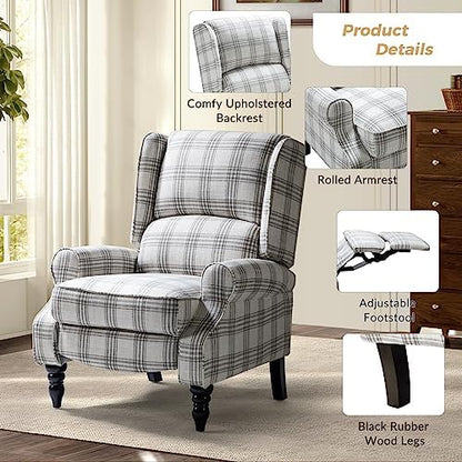 HULALA HOME Upholstered Wingback Recliner Chair Set of 2, Small Adjustable Footrest Push Back Single Reclining Sofa, Mid Century Modern Lounge Armchair for Living Room, Bedroom, Reading/Plaid Grey