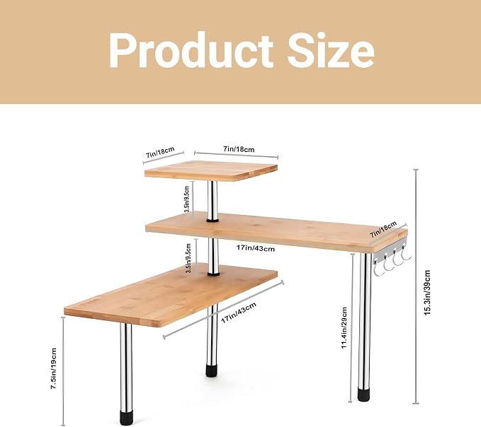 3-Tier Corner Shelf, Bamboo & Metal Storage Rack with Hooks, Adjustable Countertop Organizer for Kitchen, Bathroom, Bedroom or Office