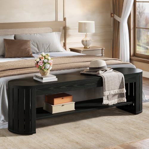 Tribesigns 63" Wooden Entryway Bench with Shoe Storage, Long 2-Tier Narrow Shoe Bench with Arc Vertical Slat Splicing Legs, End of Bed Stool for Bedroom, Entrance, Living Room (Black)