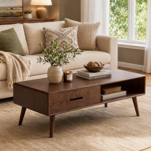 Fully-Assembled 100% Oak Wood Coffee Table with Storage for Living Room