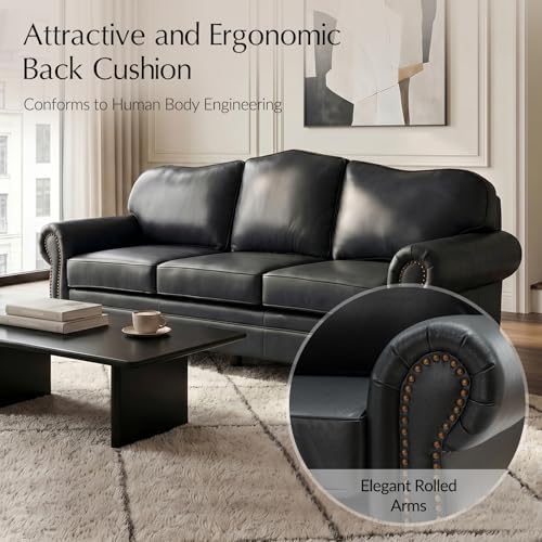 HULALA Home 81" Genuine Leather Sofa with Rolled Armrests, Black