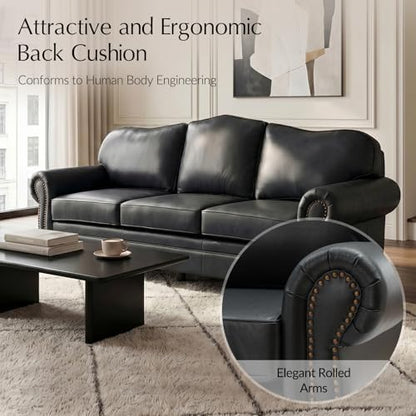 HULALA Home 81" Genuine Leather Sofa with Rolled Armrests, Black