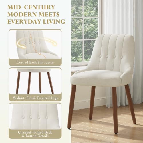 Wooden Dining Chairs Set of 4, Upholstered Fabric Kitchen Chairs with Tufted Button Backrest, Modern Dining Room Chairs with Solid Wood Legs for Kitchen, Beige