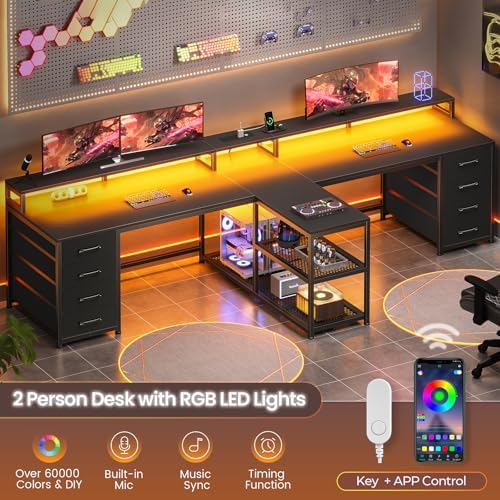 SEDETA 94.5" 2 Person Gaming Desk with 8 Drawers & Storage Shelves, Black
