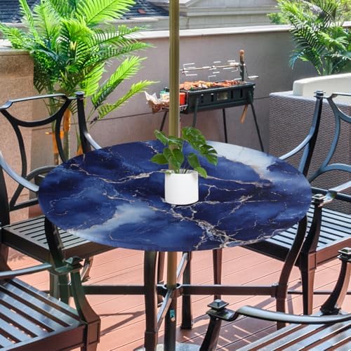 Marble Outdoor Round Fitted Tablecloth with Umbrella Hole Zipper 36-44