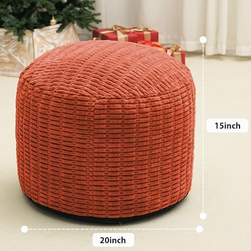 Round Stuffed Pouf Ottoman for Foot Rest 20" X 15" Faux Fur Poufs, Orange