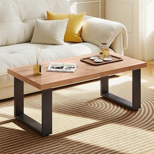 GIANTEX Rustic Coffee Table, 47 Inch Industrial Wood Center Table with 1.8" Tabletop, Farmhouse Accent Cocktail Tea Table, Modern Rectangular Living Room Table, Oak