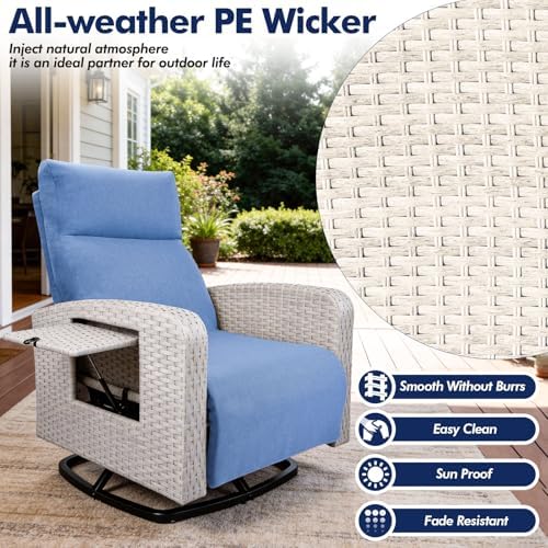 ZZW Outdoor Recliner Chair, Wicker Patio Recliners with Adjustable Backrest and Extended Foot Rest, Reclining Patio Chairs with Flip Table & Removable Cushion Cover for Porch